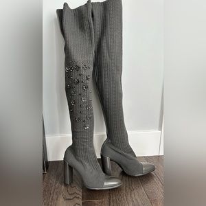 Stuart Weitzman OVER THE KNEE HEELED BOOTS WITH FLOWERS & Rhinestones 7.5